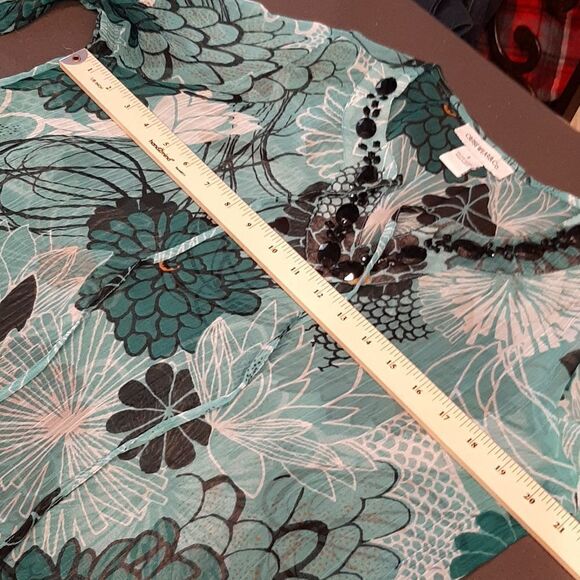 Cruisewear & Co Beaded Neckline Green with Floral Print Sheer Top - Picture 6 of 7